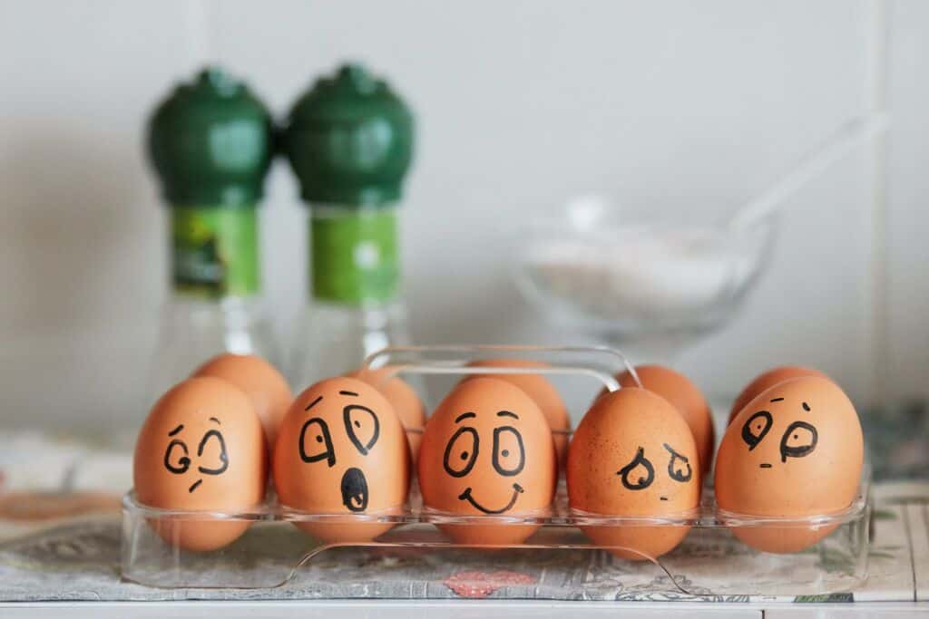 Eggs with faces painted on. No business decision is based purely on logic