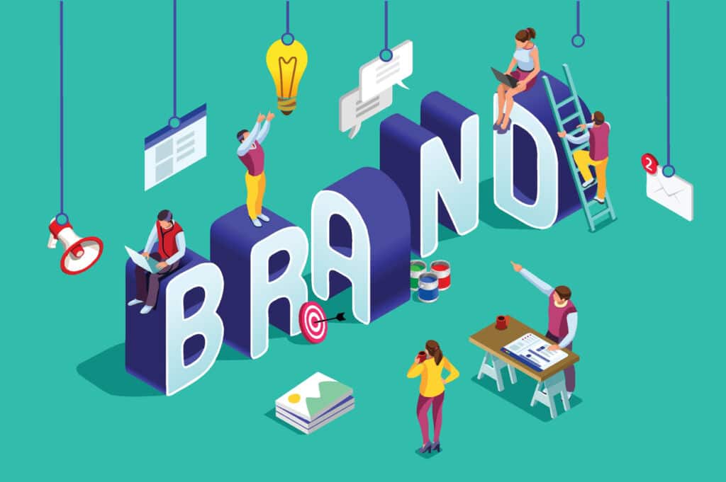 Brand vector text with employers working on branding design. Flat Isometric people illustration isolated on blue background. Can use for web banner, infographics, hero images.