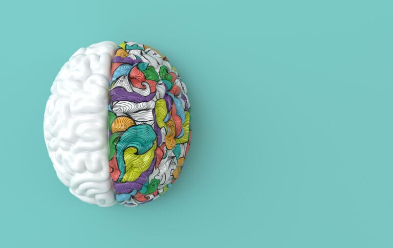 3d brain rendering illustration template background. The concept of intelligence, brainstorm, creative idea, human mind, artificial intelligence.