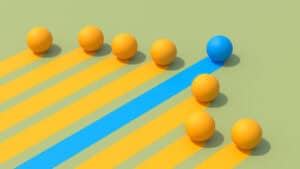 Minimalist geometric composition, cubes and sphere, sharp shadows, light background, abstract concept, leadership metaphor, standing out from the crowd, 3D rendering, clean design, vibrant colors, simplicity, stock image style, high contrast, modern art aesthetic